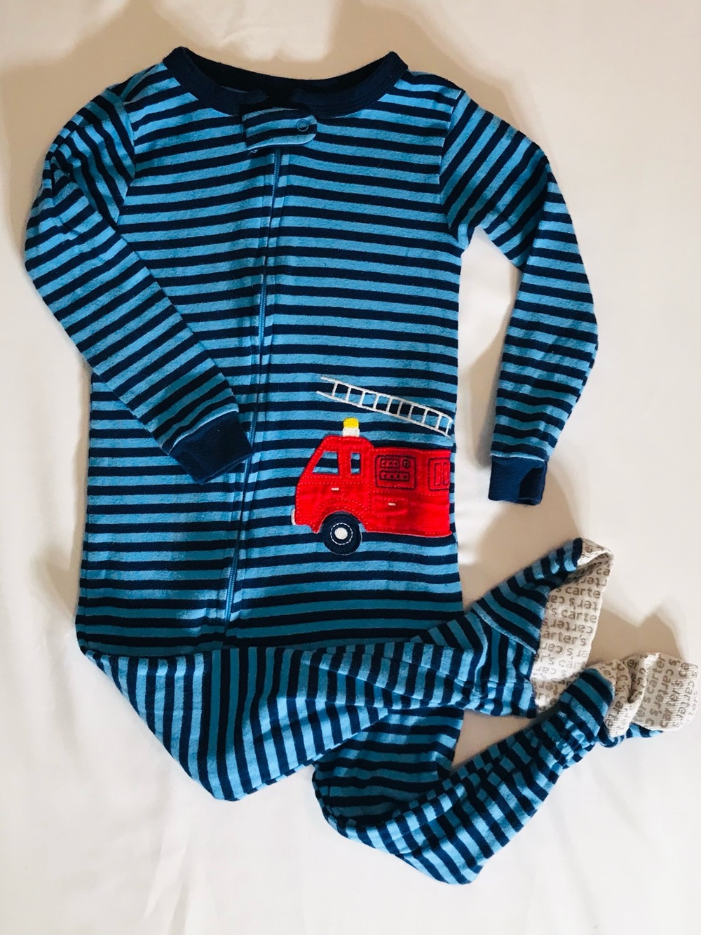Carter's Blue Striped Footie with Red Fire Truck